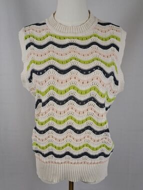 On Twelfth Crochet Wave Sweater Vest Knit Tank Top - XL Cream Stripe Boho Retro